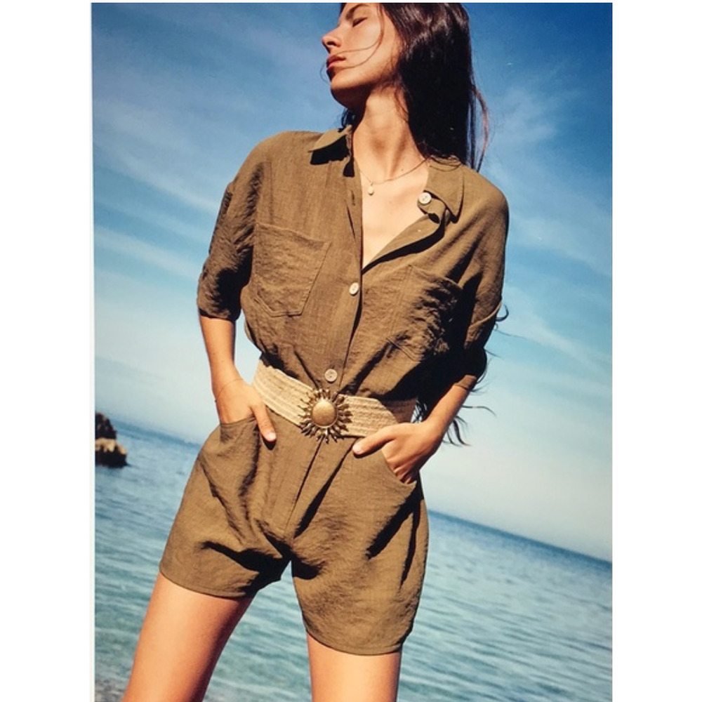 Zara Women Medium Romper Short Sleeve Pockets Button Brown New